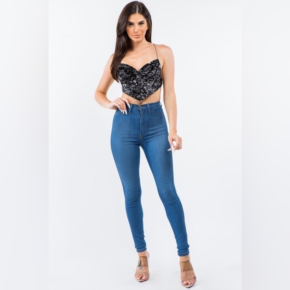 Bear Dance Boho Bandana Velvet Crop Top Crisscross Back & Ruched Front Detail
